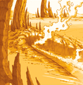 Concept art du cratère causé par l'impact du Kanohi Ignika